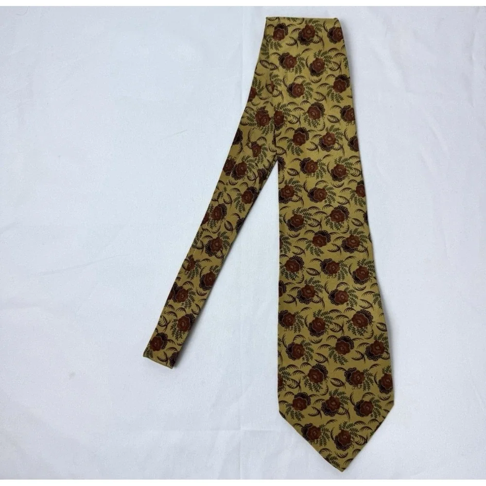 Chaps Ralph Lauren‎ Silk Floral Tie Yellow Gold With Flower Print Retro Formal